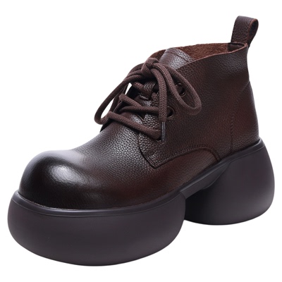 头层牛皮厚底粗高跟系带高帮皮鞋