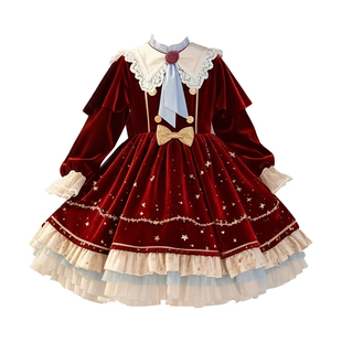 女童红色连衣裙冬季洋气小公主冬装裙子女孩绝美洛丽塔儿童公主裙