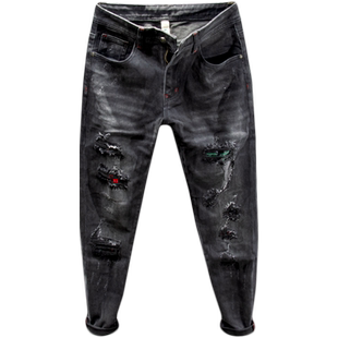 三古木棉高街补丁破洞牛仔裤男修身小脚潮牌个性乞丐裤子男春秋