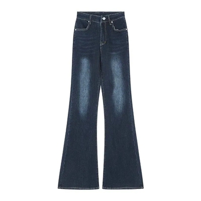 水洗深蓝色微喇叭牛仔裤小个子