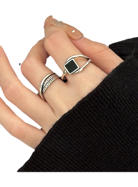 饰尚e族几何黑色方形戒指女复古时尚做旧开口戒指可调节指环
