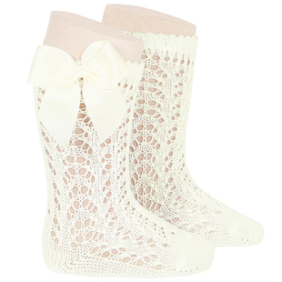 现货西班牙Condor女童夏薄镂空蝴蝶结中筒袜宝宝纯棉透气网眼袜子