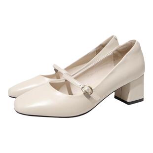 唐某某小方头粗跟玛丽珍鞋女复古蝴蝶结单鞋2023春款法式两穿伴娘