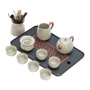 2026新款汝窑功夫茶具套装家用泡茶壶盖碗茶杯茶盘办公室会客喝茶