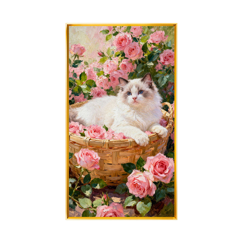 可爱风猫咪玫瑰花十字绣手工自己线绣家用玄关卧室高级感印花绣