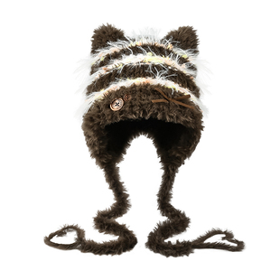 米白可爱猫耳朵毛绒帽女生冬季保暖防寒护耳帽蝴蝶结毛线帽显脸小