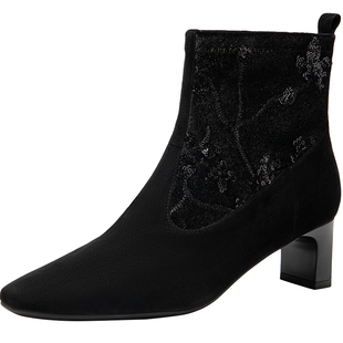 natursun复古弹力靴女冬季女靴黑色瘦瘦靴时尚百搭袜筒靴时装短靴