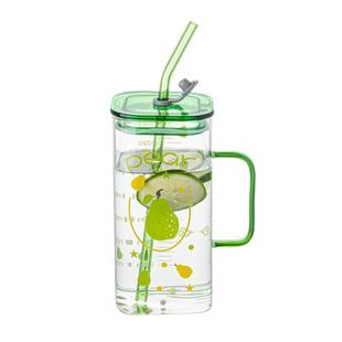 高鹏玻璃杯ins方形杯刻度吸管水杯耐热家用高颜值果茶印花杯少女