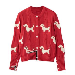秋冬季本命年大红色全件小狗图案针织开衫毛衣女洋气新年圆领外套