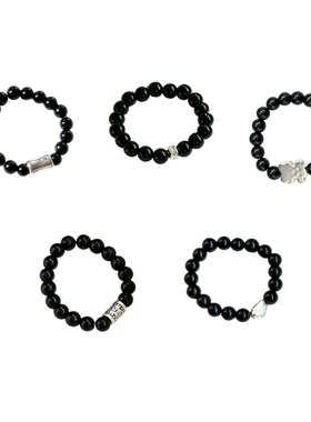 然黑玛瑙s925纯银戒指弹力指环