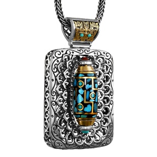 高档万佛朝宗天然绿松石转动珠纯银吊坠饕餮国潮个性男士女款饰品