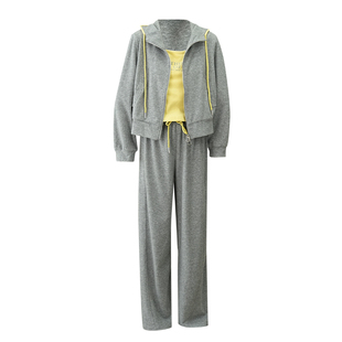 套装搭配一整套运动风连帽外套女背心直筒弯刀长裤灰色三件2026春