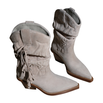 刺绣流苏西部靴羊京绒粗跟中长筒