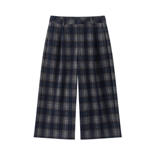 【英伦象限】CHICJOJO休闲裤女25冬新款蓝色直筒毛呢八分格纹裤