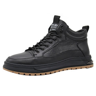 康龙男鞋断码清仓冬季绒里高帮系带休闲时尚平底男棉鞋黑色