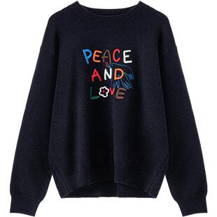 LAGOGO字母刺绣藏青色针织衫女拉谷谷2025冬新款圆领加厚卫衣毛衣