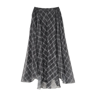popchrio◆原创印花复古格子不规则雪纺半身裙格纹中长款a字伞裙