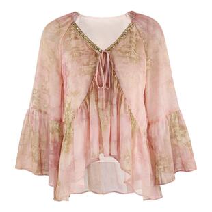 韩语琳 小香风不规则V领印花雪纺衫轻奢高级感千金上衣女春季薄款