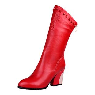 中筒靴粗跟全真皮高档红色女靴2025新款奢华羊皮倒靴冬靴皮靴棉靴