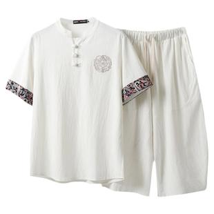 夏季唐装男加肥加大码特大号中国风棉麻短袖T恤套装七分裤两件套