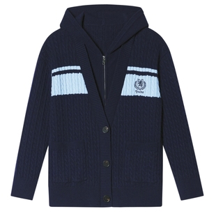 诗篇专选学院风刺绣拼接假两件扭花连帽开衫毛针织衫冬款