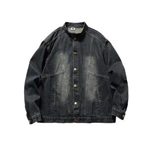 Dashufulcrum日系复古做旧水洗立领牛仔外套男女秋季重磅休闲夹克