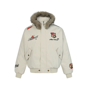 冬季美式徽章刺绣座山雕棉服外套男女高级感加厚保暖情侣毛领夹克