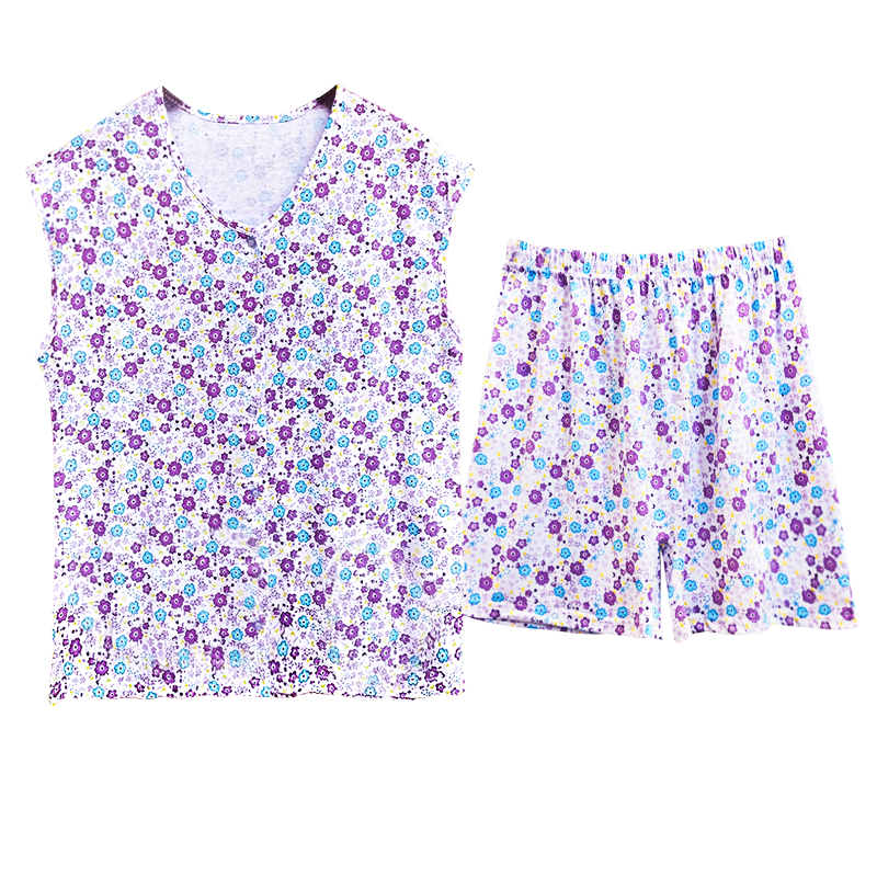 女士纯棉家居服套装中老年宽松妈妈夏季内外穿全棉开衫背心短裤女