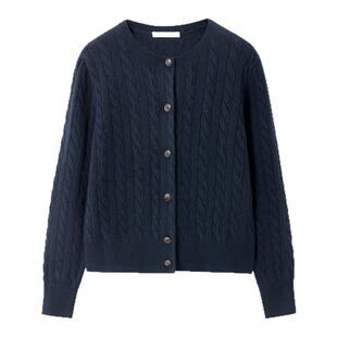 OVV2025秋冬新款女装复古立体绞花圆领休闲长袖羊绒开衫