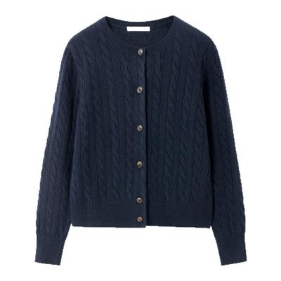 OVV2025秋冬新款女装复古立体绞花圆领休闲长袖羊绒开衫