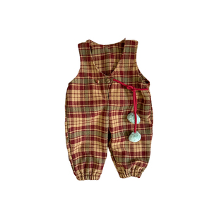 女童冬季新年加绒加厚格子背带裤女宝宝红色圣诞花边打底衫两件套