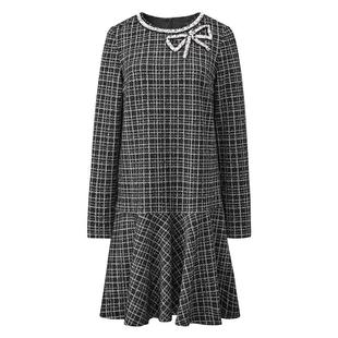 颜域优雅气质格纹连衣裙女2025新款冬季法式复古黑色长袖圆领裙子