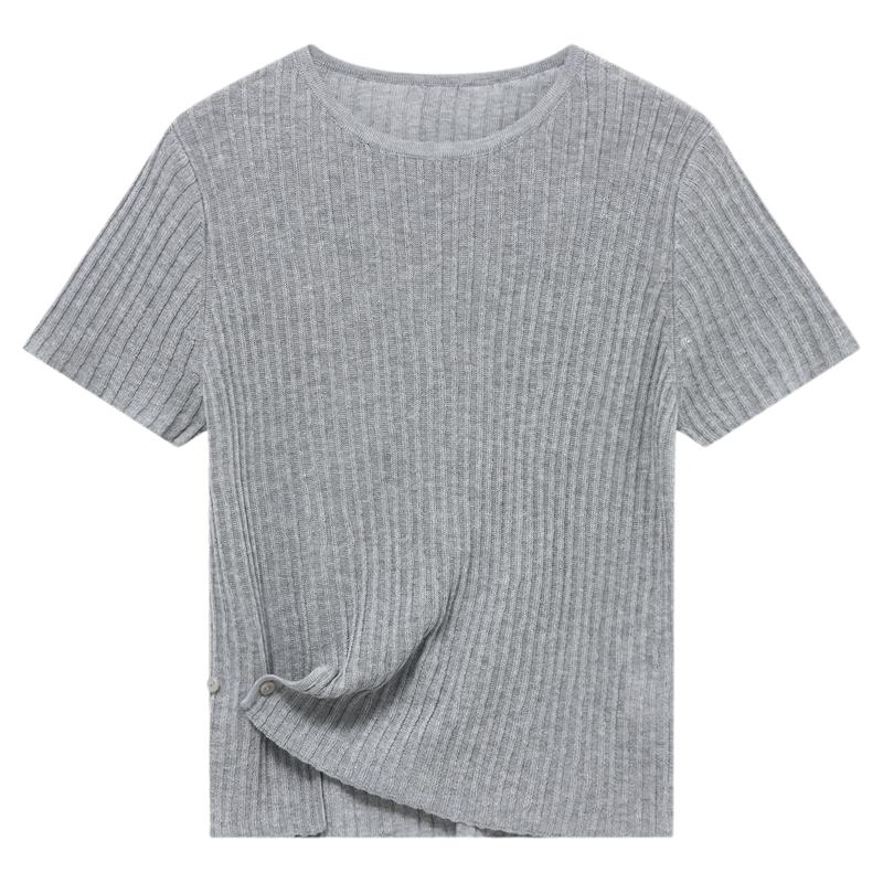 Basic House/百家好简约圆领短袖针织衫女夏薄款灰色透气百搭上衣