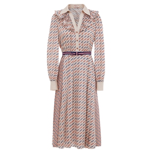 COCOON商场同款时尚裙子收腰印花设计V领中长款连衣裙春款