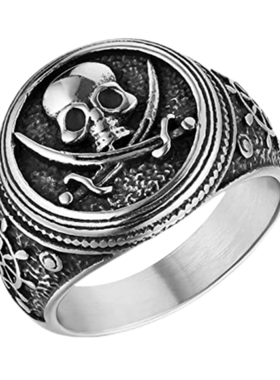 男钛钢维京加勒比海盗刀骷髅戒指