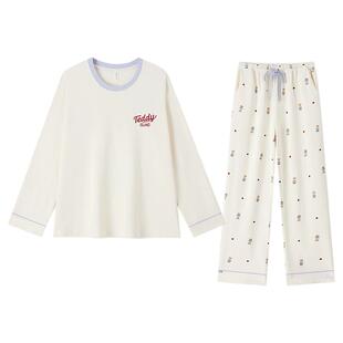 泰迪熊纯棉睡衣女款秋春套头长袖夏季带胸垫可外穿家居服2026新款