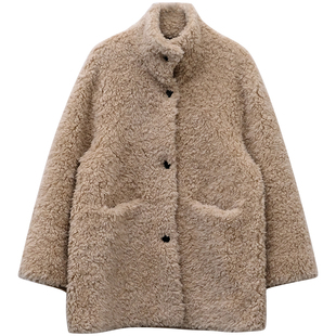 一三良品小个子 气质温柔荃羊毛羊羔毛立翻领颗粒绒外套女冬保暖