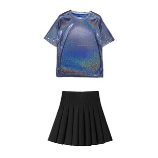 跳舞套装短袖女亮闪闪学生舞蹈表演松紧腰百褶裙拉拉队女团演出服