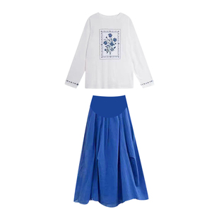 孕妇蓝色连衣裙套装春秋夏2026新款韩版印花长袖上衣裤子两件套女