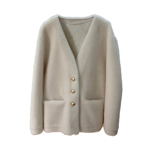 特价质感细腻100羊羔毛皮毛一体简约V领金扣新款毛毛外套女冬皮草