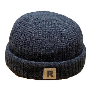 日系潮流R标针织毛线帽子女秋冬季网红时尚瓜皮帽简约洋气冷帽男
