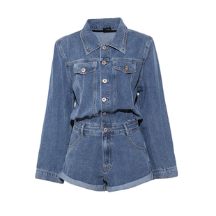 DPLAY蓝色连体裤女春季新款复古收腰通勤高级原色牛仔裤短裤