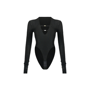 ABMY 辣妹深V领性感微透绑带连体衣女新款高弹插口袖针织内搭上衣