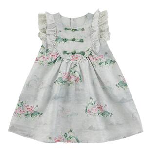 幼悠女童中式荷叶飞袖连衣裙2025夏季定染晶珠一字盘扣国风裙子潮