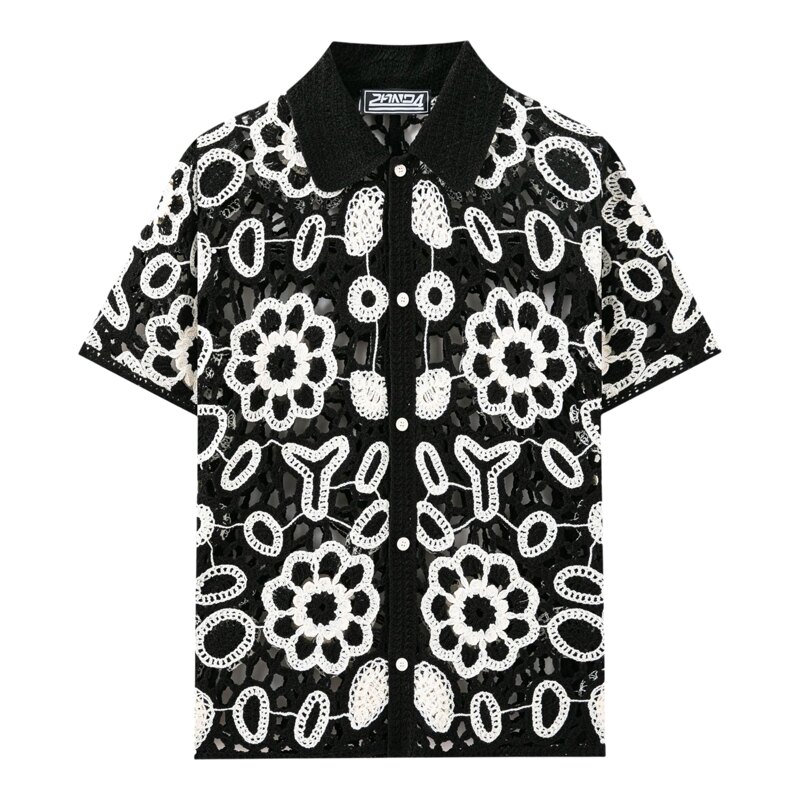 2026夏季欧美复古钩花短袖衬衣男性感镂空撞色休闲衬衫Men shirt