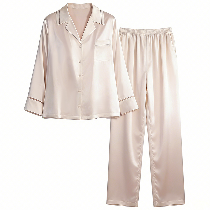 银桑INESANCE22姆米轻奢镂空真丝家居服长袖套装100%桑蚕丝睡衣女