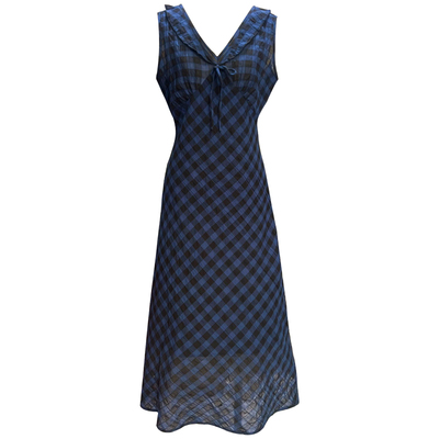 泡泡绉无袖蓝色格纹裙子棉透气