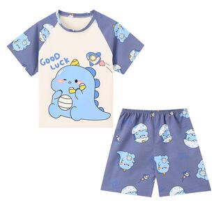 纯棉儿童睡衣男童夏季薄款短袖套装宝宝男孩中大童恐龙卡通家居服