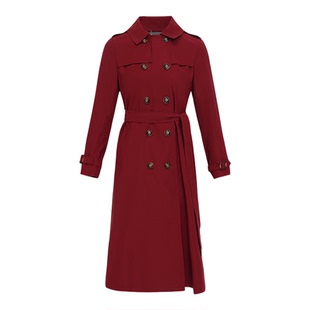 黛玛诗双排扣风衣过膝中长款秋款女士通勤百搭外套红色英伦风