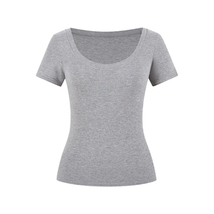 MosesQueen魔西女王白色正肩短袖t恤女夏季大U领修身显瘦短款上衣